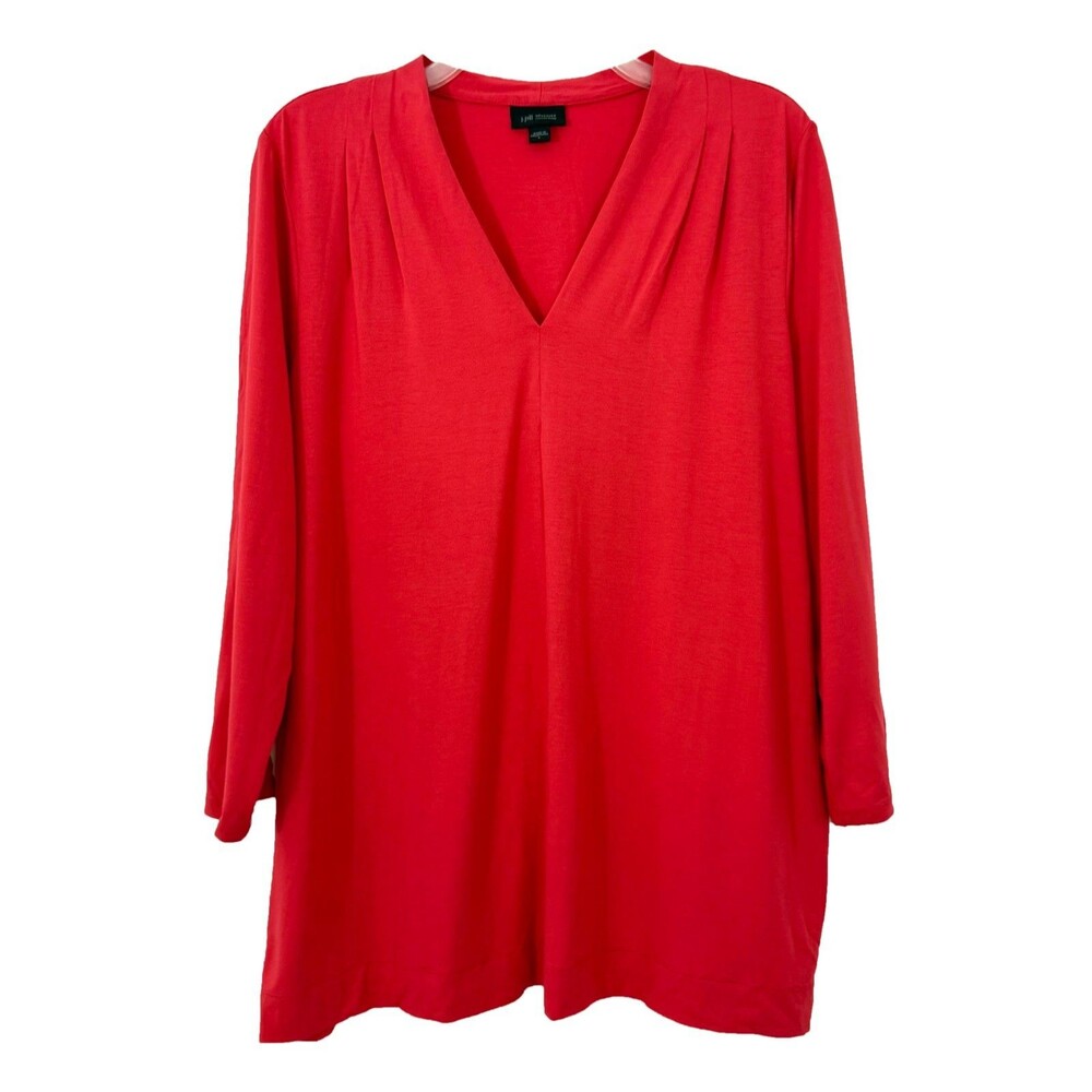 J.JILL Wearever V-Neck Draped Tunic Top L Poppy Red Shirred Shoulder EUC B46
